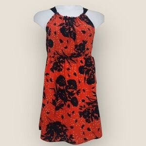 🧡 Jaloux Silk Halter Dress |  Red Black Floral | Crisscross Back | Size Small
